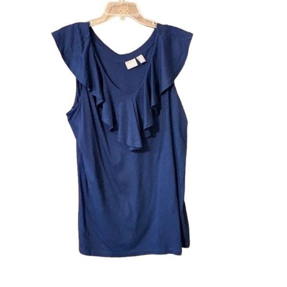 Chico's Navy Blue Sleeveless V-Neck w/ Ruffle Womens Size 3 Pullover Top